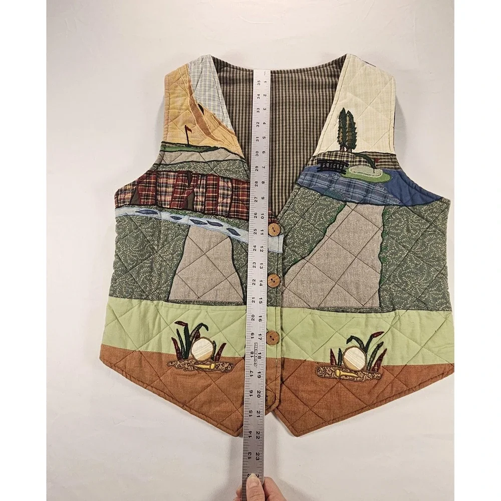 Vintage Unmarked Reversible Quilted‎ Golf Vest Gingham Plaid Wooden Buttons